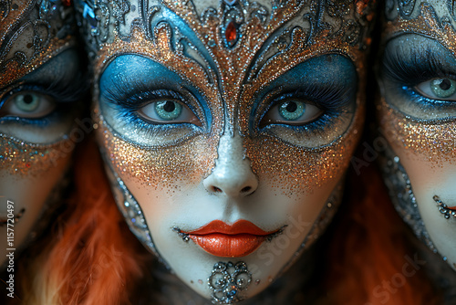 intricately designed carnival masks with glitter, feathers, and bright colors, symbolizing festive traditions and elegance photo