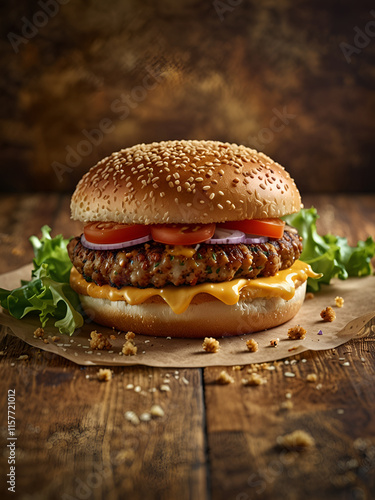 Close-up of appetizing burger with flatbread. Warm background with swirls. photo