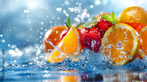 Fototapeta Naklejka Na Ścianę i Meble -  wide banner background with juicy fruits and energetic splashes of water, a vibrant and refreshing food wallpaper isolated on a clean backdrop, perfect for summer and healthy lifestyle designs, a stoc