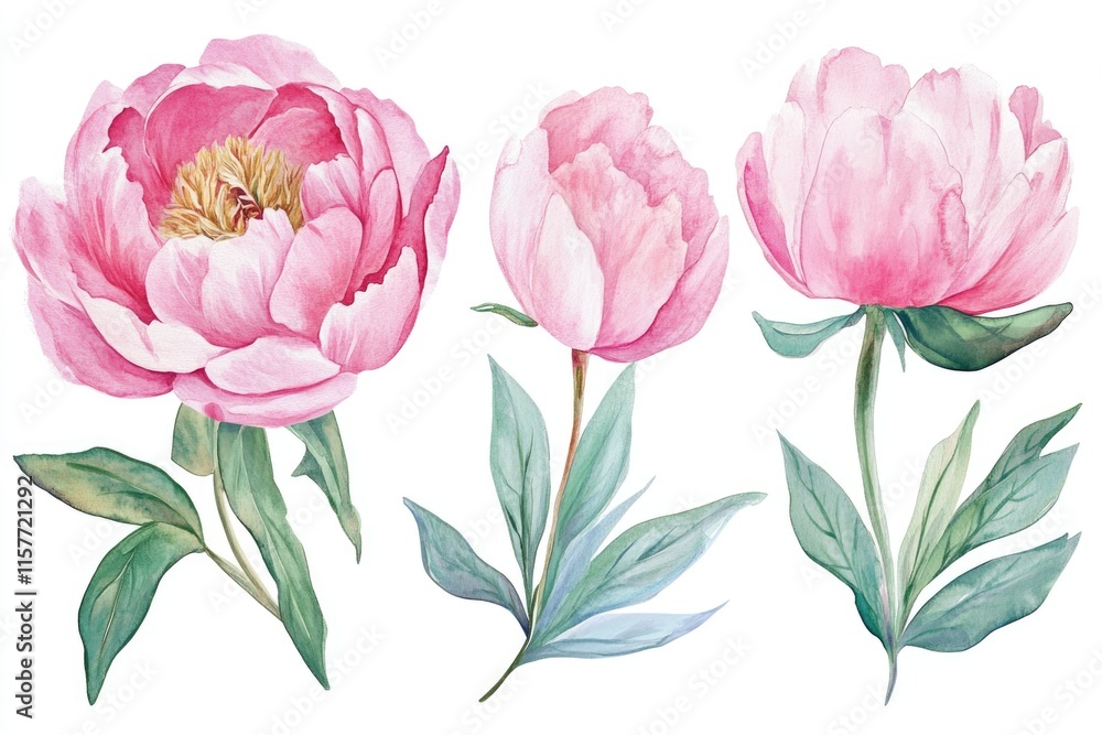 A simple arrangement of pink flowers with green leaves on a white background A simple arrangement of pink flowers with green leaves on a white background