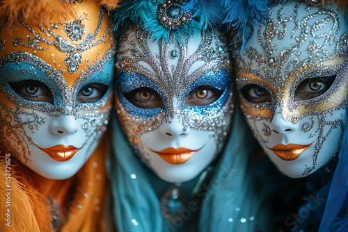 intricately designed carnival masks with glitter, feathers, and bright colors, symbolizing festive traditions and elegance photo