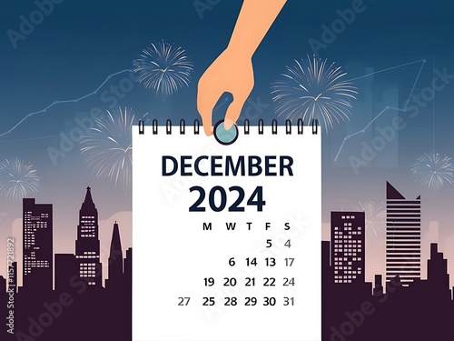 December Two Thousand Twenty Four Calendar City Skyline Fireworks photo