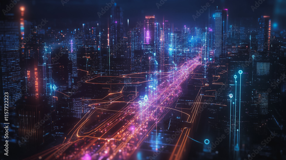 Smart digital Innovation city with connection network reciprocity over the cityscape. of future smart wireless digital city and social media networking systems that connects people with in city Smart digital Innovation city with connection network reciprocity over the cityscape. of future smart wireless digital city and social media networking systems that connects people with in city
