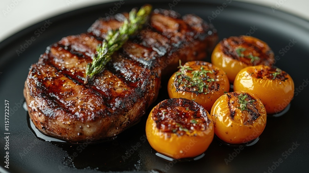 Grilled steak and roasted cherry tomatoes on black plate. Grilled steak and roasted cherry tomatoes on black plate.