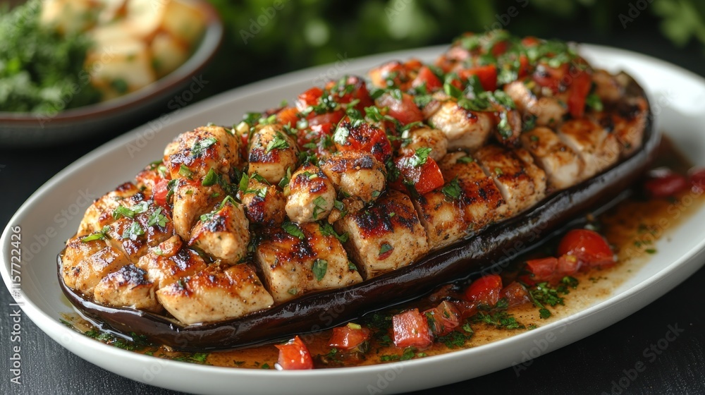 Grilled chicken and eggplant dish with tomato relish. Grilled chicken and eggplant dish with tomato relish.