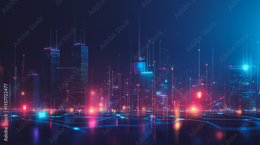 Obraz premium Smart digital Innovation city with connection network reciprocity over the cityscape. of future smart wireless digital city and social media networking systems that connects people with in city