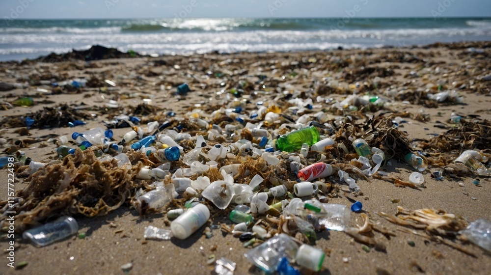 Plastic debris covers sandy beach near ocean during bright daylight Plastic debris covers sandy beach near ocean during bright daylight