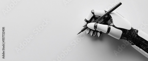 A robotic hand holding a pen poised to write on a blank surface.