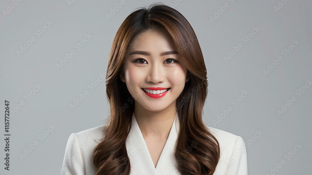 portrait of a japanese professional woman tv news presenter, long hair, smiling front camera wearing formal black suits on a white background ai generate portrait of a japanese professional woman tv news presenter, long hair, smiling front camera wearing formal black suits on a white background ai generate