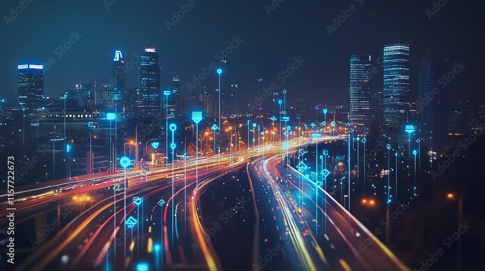 Fototapeta premium Smart digital Innovation city with connection network reciprocity over the cityscape. of future smart wireless digital city and social media networking systems that connects people with in city