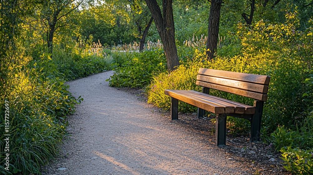 Serene park bench on a sunlit path. Serene park bench on a sunlit path.