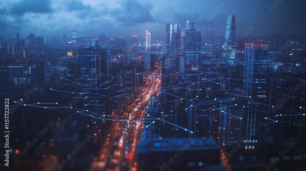 Fototapeta premium Smart digital Innovation city with connection network reciprocity over the cityscape. of future smart wireless digital city and social media networking systems that connects people with in city