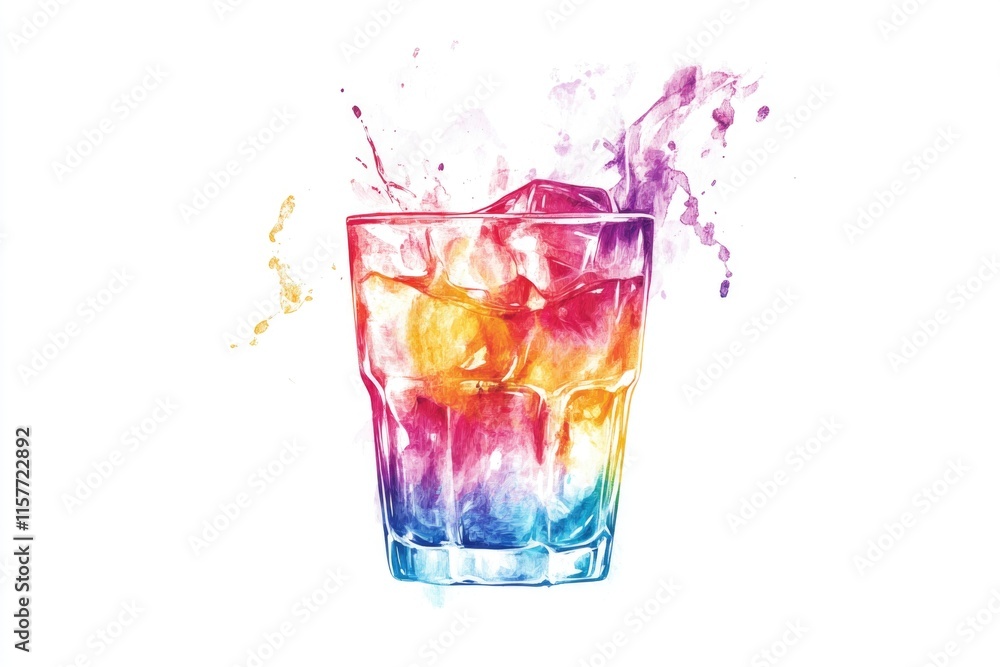 A glass filled with melting ice cubes, depicted in a watercolor style A glass filled with melting ice cubes, depicted in a watercolor style