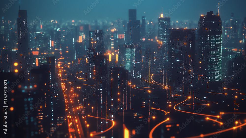 Smart digital Innovation city with connection network reciprocity over the cityscape. of future smart wireless digital city and social media networking systems that connects people with in city Smart digital Innovation city with connection network reciprocity over the cityscape. of future smart wireless digital city and social media networking systems that connects people with in city