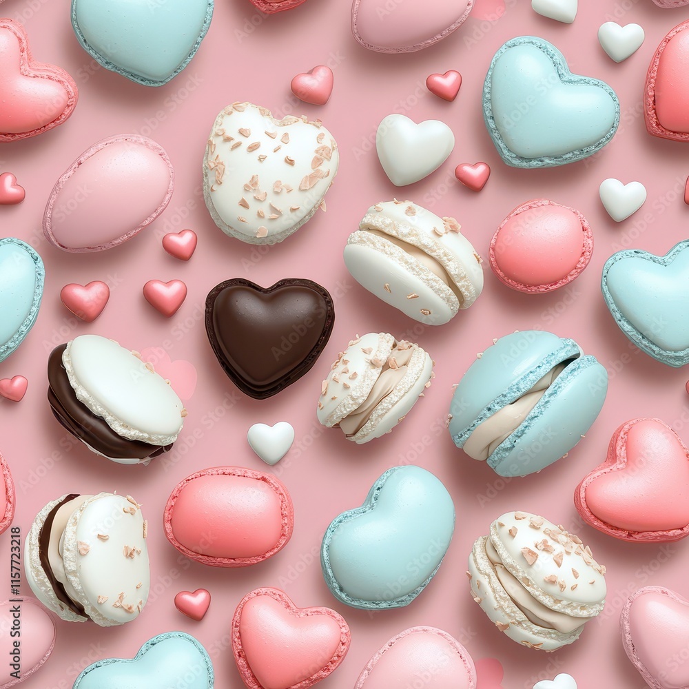 Heart-shaped macarons in pink, white, and light blue, with small chocolate hearts scattered in gaps, realistic design Heart-shaped macarons in pink, white, and light blue, with small chocolate hearts scattered in gaps, realistic design
