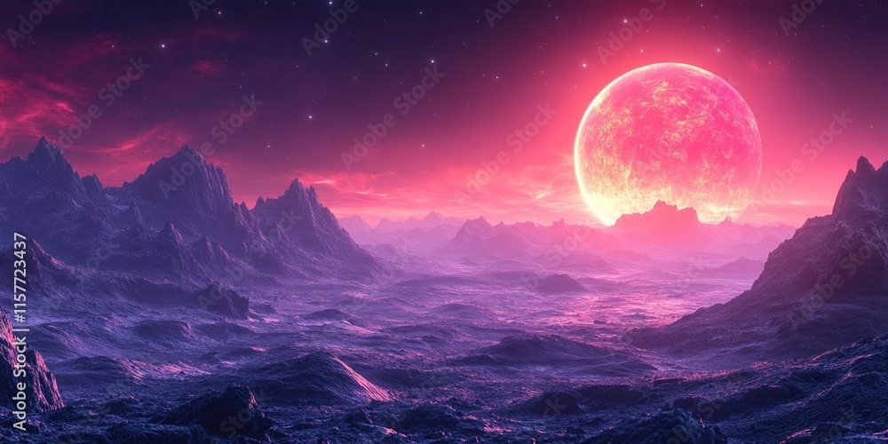 A planet with a prominent red moon in the sky, suitable for use as an illustration of astronomical concepts or futuristic themes A planet with a prominent red moon in the sky, suitable for use as an illustration of astronomical concepts or futuristic themes
