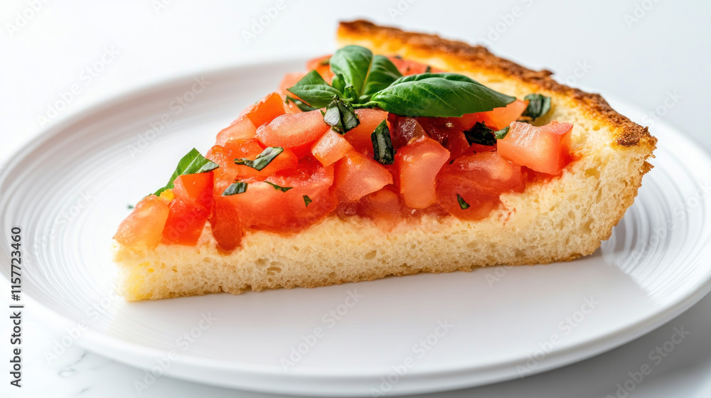 A slice of crusty tomato pizza on a white plate. A slice of crusty tomato pizza on a white plate.