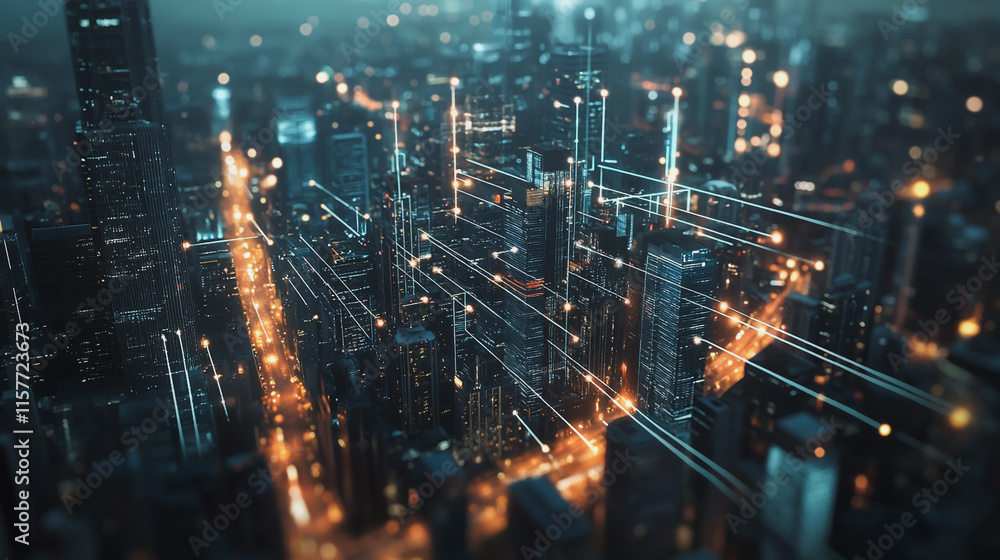 Smart digital Innovation city with connection network reciprocity over the cityscape. of future smart wireless digital city and social media networking systems that connects people with in city Smart digital Innovation city with connection network reciprocity over the cityscape. of future smart wireless digital city and social media networking systems that connects people with in city