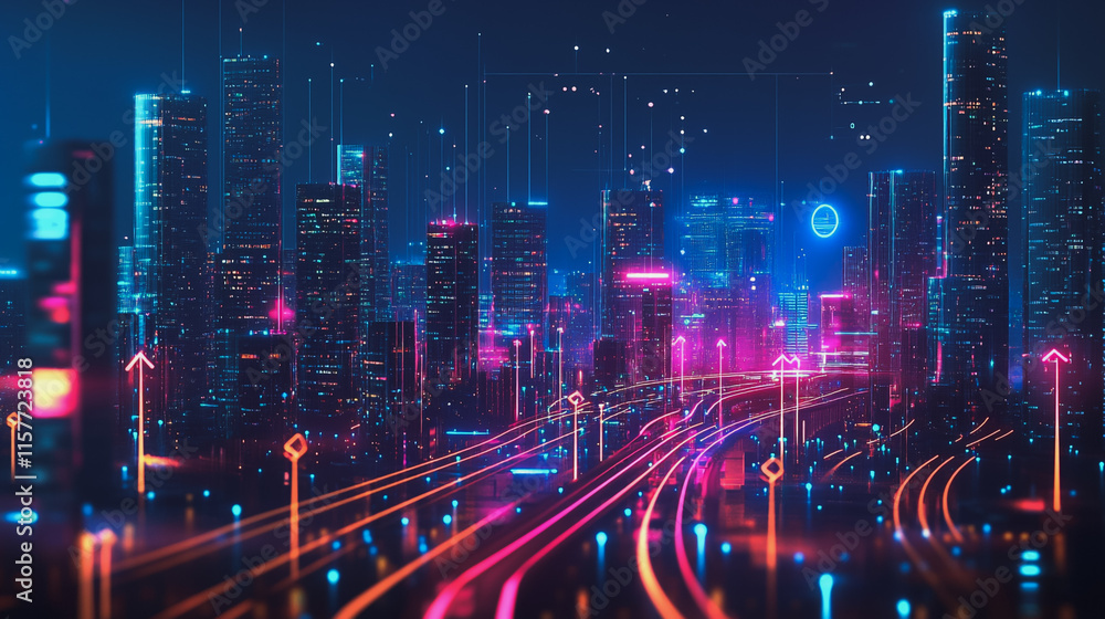 Smart digital Innovation city with connection network reciprocity over the cityscape. of future smart wireless digital city and social media networking systems that connects people with in city