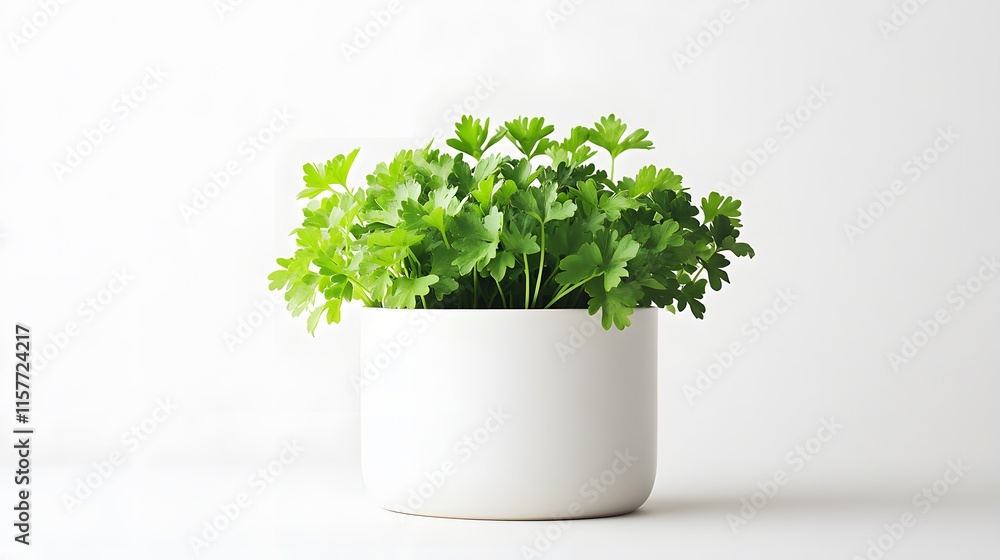 Fresh parsley plant in a simple white pot against a bright white background. Minimalist, clean, and vibrant, perfect for culinary or lifestyle imagery. Fresh parsley plant in a simple white pot against a bright white background. Minimalist, clean, and vibrant, perfect for culinary or lifestyle imagery.