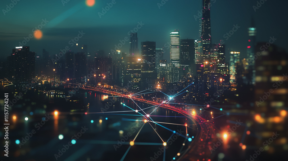 Naklejka premium Smart digital Innovation city with connection network reciprocity over the cityscape. of future smart wireless digital city and social media networking systems that connects people with in city