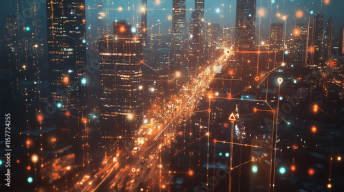 Wallpaper Mural Smart digital Innovation city with connection network reciprocity over the cityscape. of future smart wireless digital city and social media networking systems that connects people with in city Torontodigital.ca