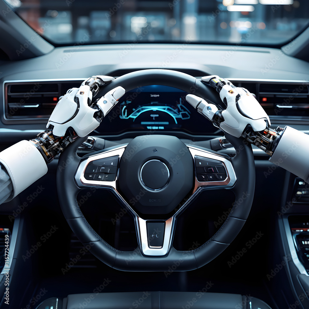 Robot hands driving car steering wheel Autonomous Self- driving AI Artificial Intelligent Speed Driver Transporation Technology 3D illustration Robot hands driving car steering wheel Autonomous Self- driving AI Artificial Intelligent Speed Driver Transporation Technology 3D illustration