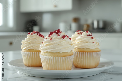 High-definition 4K realistic food photography of a plate of cupcakes with flat cream and strawberry granules on white porcelain plate against marble table, kitchen in the background photo