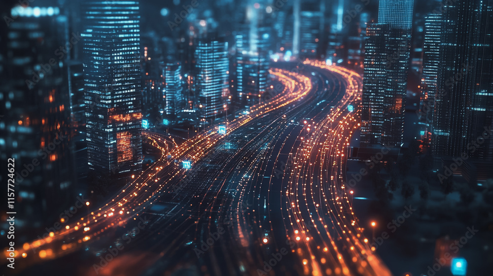 Fototapeta premium Smart digital Innovation city with connection network reciprocity over the cityscape. of future smart wireless digital city and social media networking systems that connects people with in city