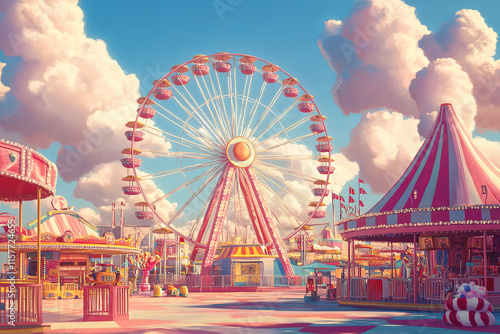 Nostalgic illustration of retro amusement park with colorful ferris wheel, vibrant tents, and fluffy clouds