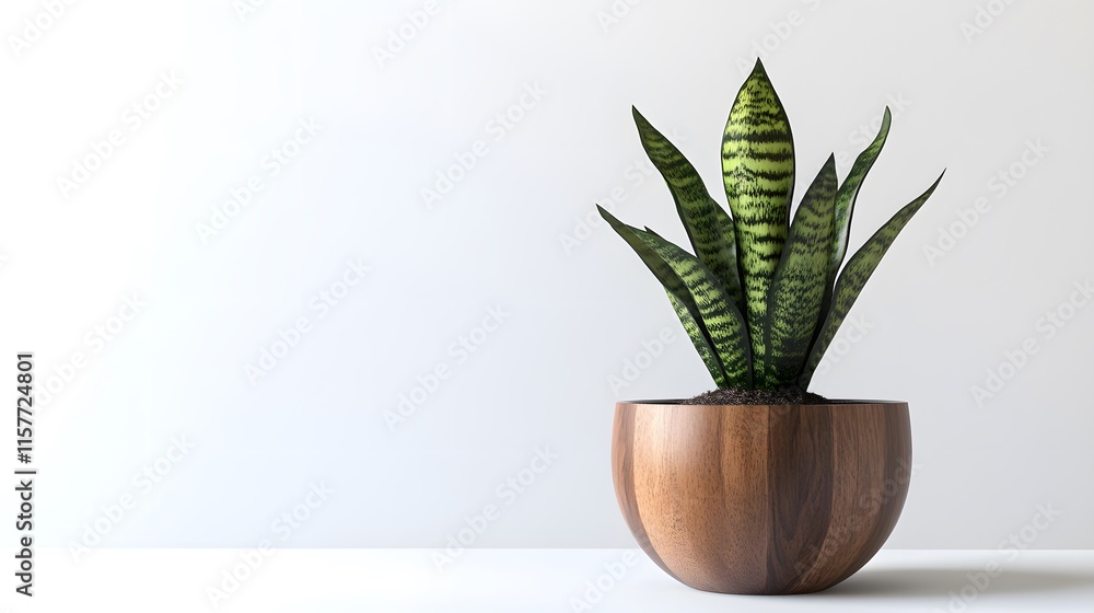 A snake plant in a modern wooden bowl sits against a minimalist white background. The image is clean and evokes a sense of calm and serenity. A snake plant in a modern wooden bowl sits against a minimalist white background. The image is clean and evokes a sense of calm and serenity.