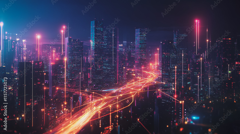 Naklejka premium Smart digital Innovation city with connection network reciprocity over the cityscape. of future smart wireless digital city and social media networking systems that connects people with in city