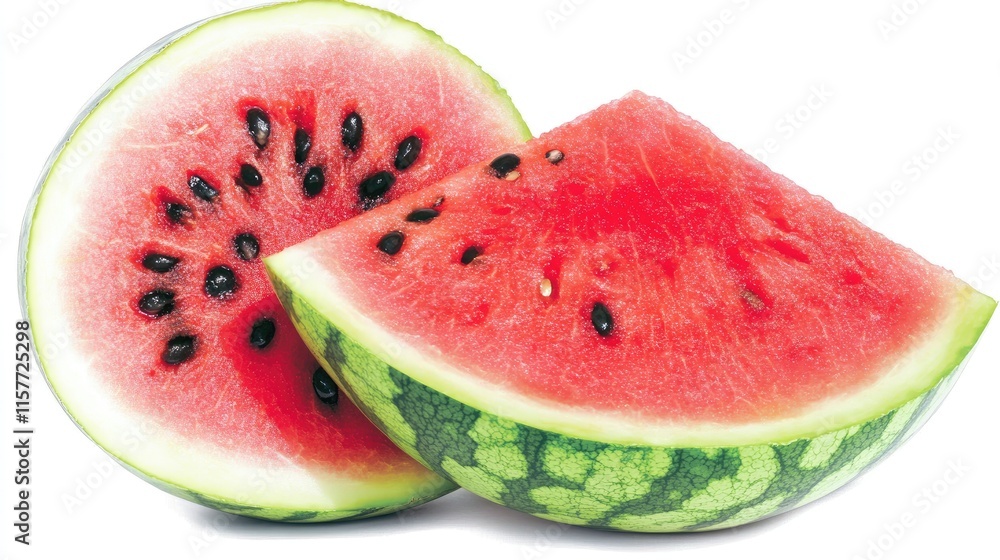 A juicy, red watermelon cut into two pieces, showcasing its seeds and rind. One piece is a large half, the other a smaller slice. A juicy, red watermelon cut into two pieces, showcasing its seeds and rind. One piece is a large half, the other a smaller slice.