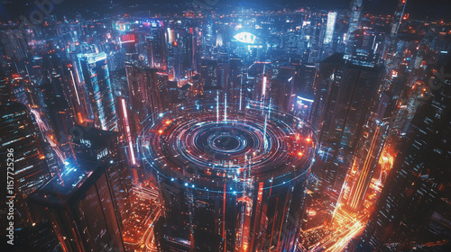 Smart digital Innovation city with connection network reciprocity over the cityscape. of future smart wireless digital city and social media networking systems that connects people with in city