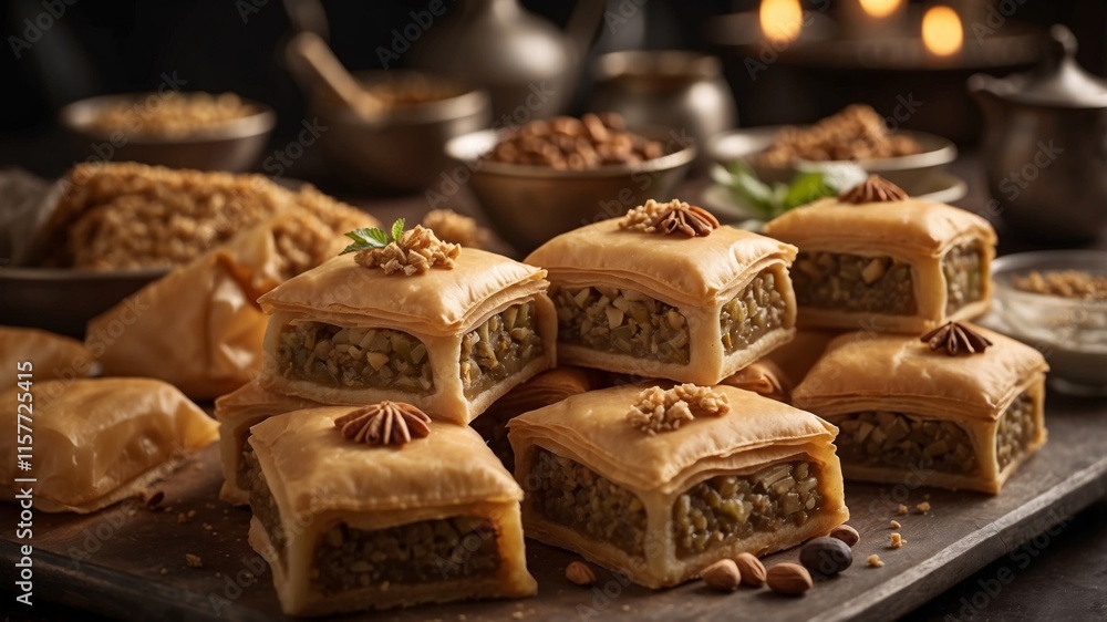 Delicious assortment of baklava stacked on a rustic wooden table in a cozy setting Delicious assortment of baklava stacked on a rustic wooden table in a cozy setting