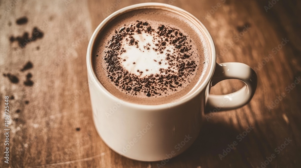 Close-up of a steaming cup of hot chocolate with cocoa powder sprinkled on top, sitting on a wooden table. Close-up of a steaming cup of hot chocolate with cocoa powder sprinkled on top, sitting on a wooden table.