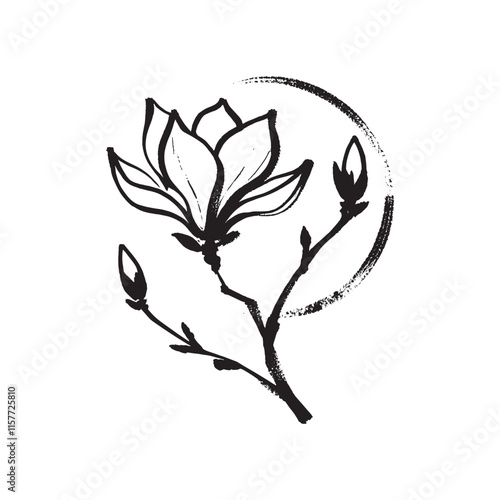 Magnolia flower. Hand drawn with a brush. black simple vector illustration on white background