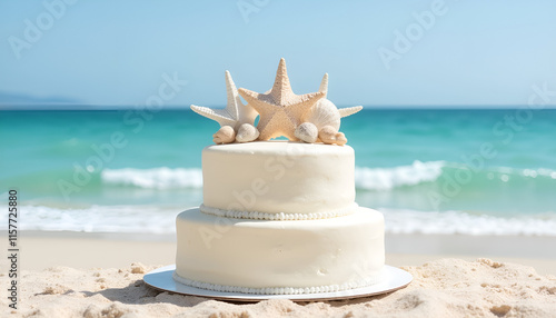 Beach-themed wedding cake with seashells on sandy shore 