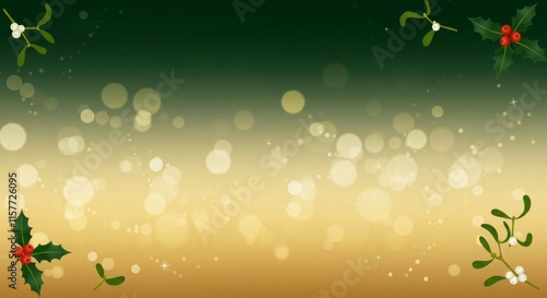 Festive Green and Gold Background: A shimmering backdrop of golden bokeh and emerald green hues adorned with sprigs of holly and mistletoe. Perfect for holiday greetings, cards, and invitations. 
