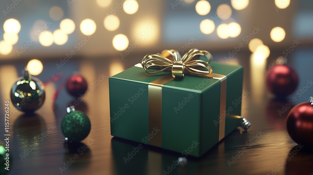 Festive Green Gift Box with Shiny Gold Ribbon on Holiday Table, Surrounded by Christmas Ornaments, Soft Lighting, Ultra Realistic Holiday Scene Festive Green Gift Box with Shiny Gold Ribbon on Holiday Table, Surrounded by Christmas Ornaments, Soft Lighting, Ultra Realistic Holiday Scene