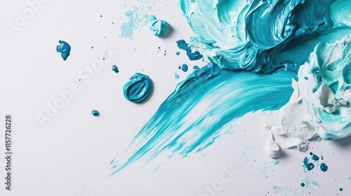 Abstract art background with teal and white oil paint strokes and splatters on white surface.