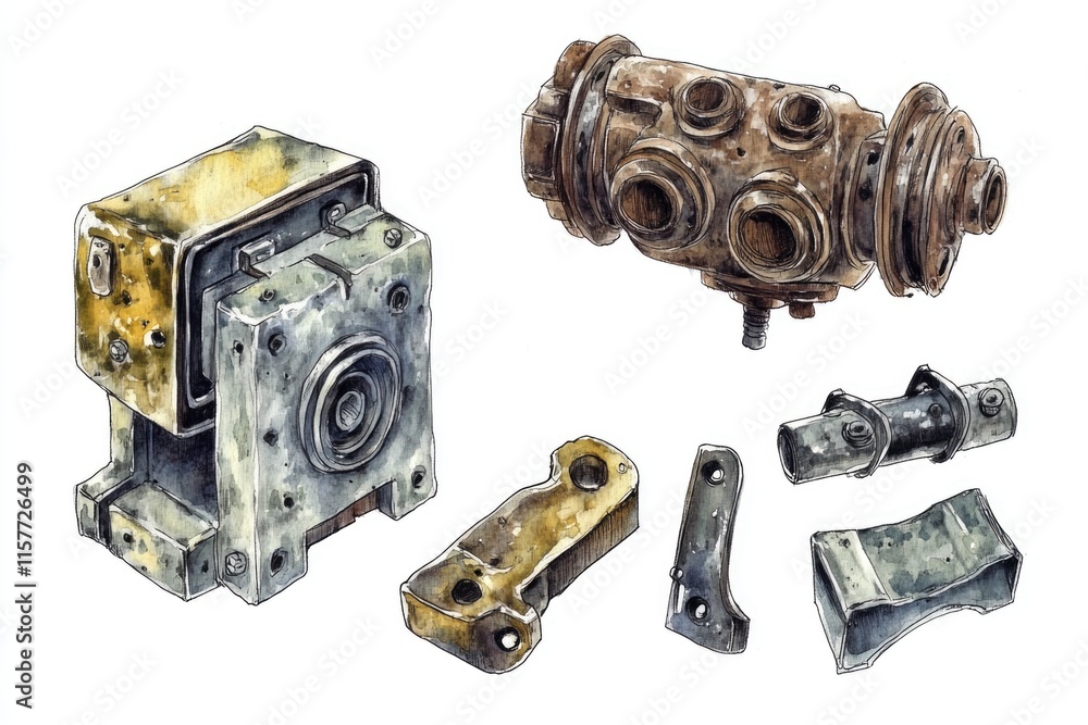 A collection of metal parts for machines and devices A collection of metal parts for machines and devices