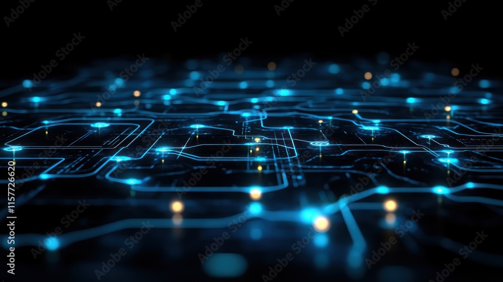 Obraz premium A digital circuit board with glowing lines and nodes, representing technology and connectivity.