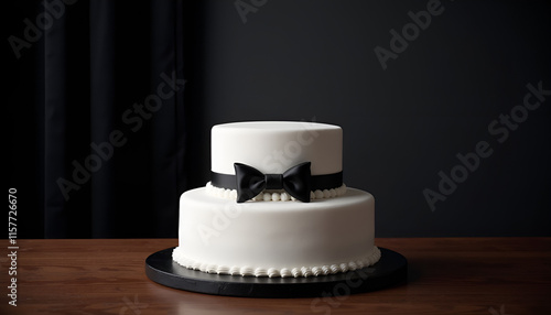 Sophisticated wedding cake with black bowtie on dark background