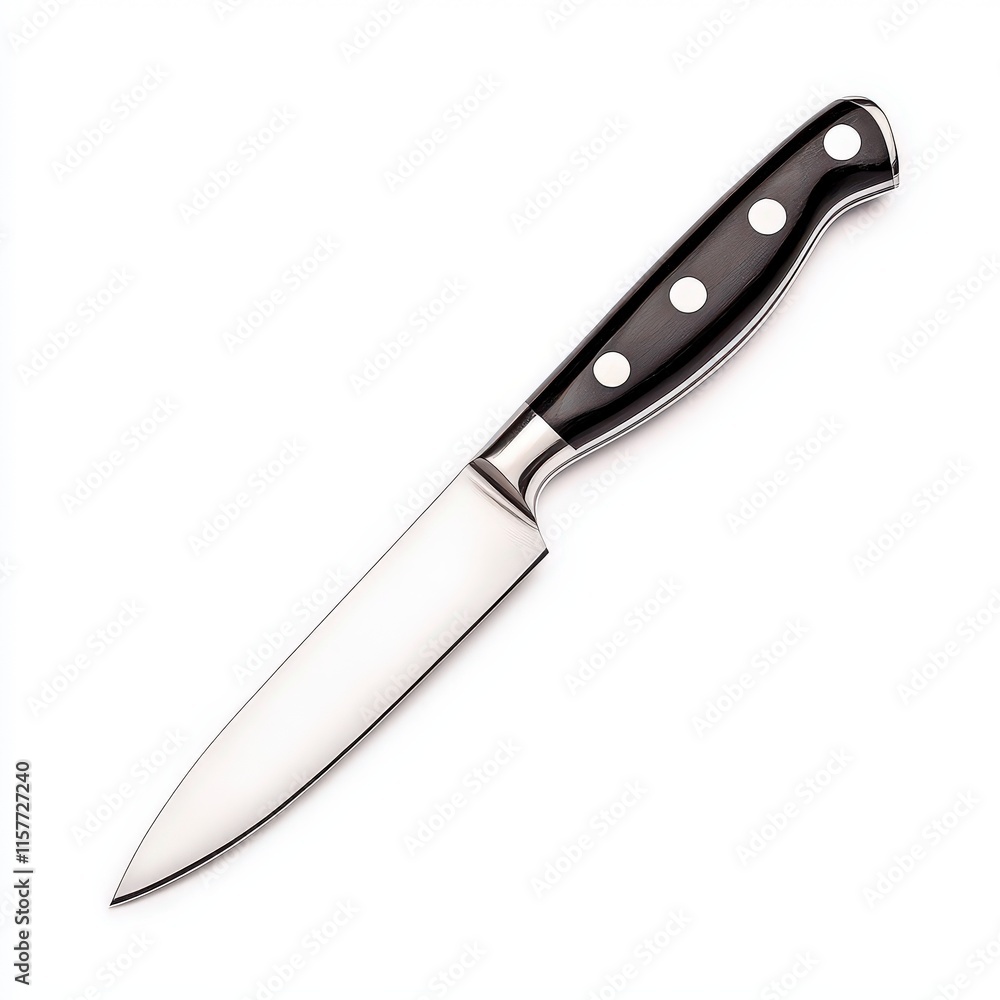 A close up of a sharp kitchen chefs knife isolated on white background A close up of a sharp kitchen chefs knife isolated on white background