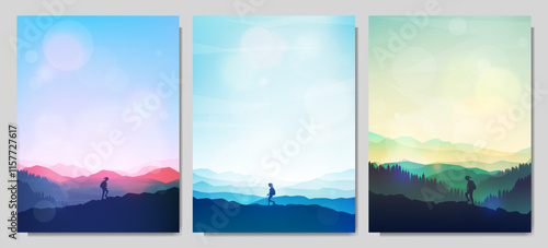 Vector illustration. Serene natural landscape with mountains, forests. Silhouette of a girl hiking. Concept of female outdoor adventure, trekking, discovering nature. Design for poster, cover, layout