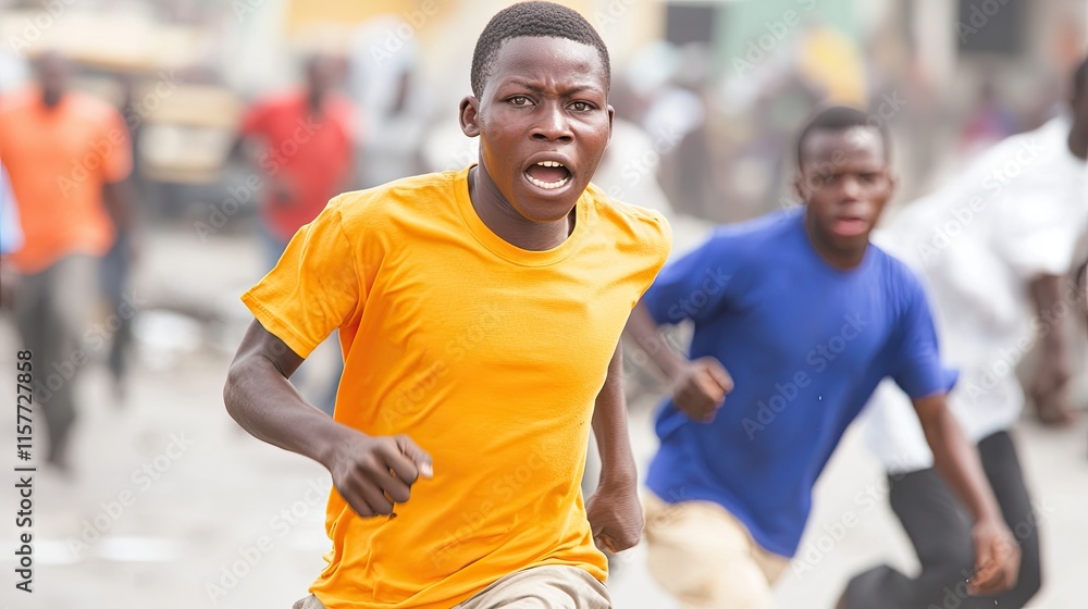 Youth in Vibrant Shirts Running in an Urban Setting Highlights Movement and Moments of Impunity Youth in Vibrant Shirts Running in an Urban Setting Highlights Movement and Moments of Impunity