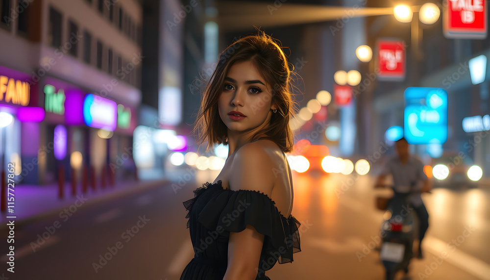 Fototapeta premium Young Girl Poses In Fashion Style On The Street In A Dress, dramatic atmosphere. isolated with white highlights