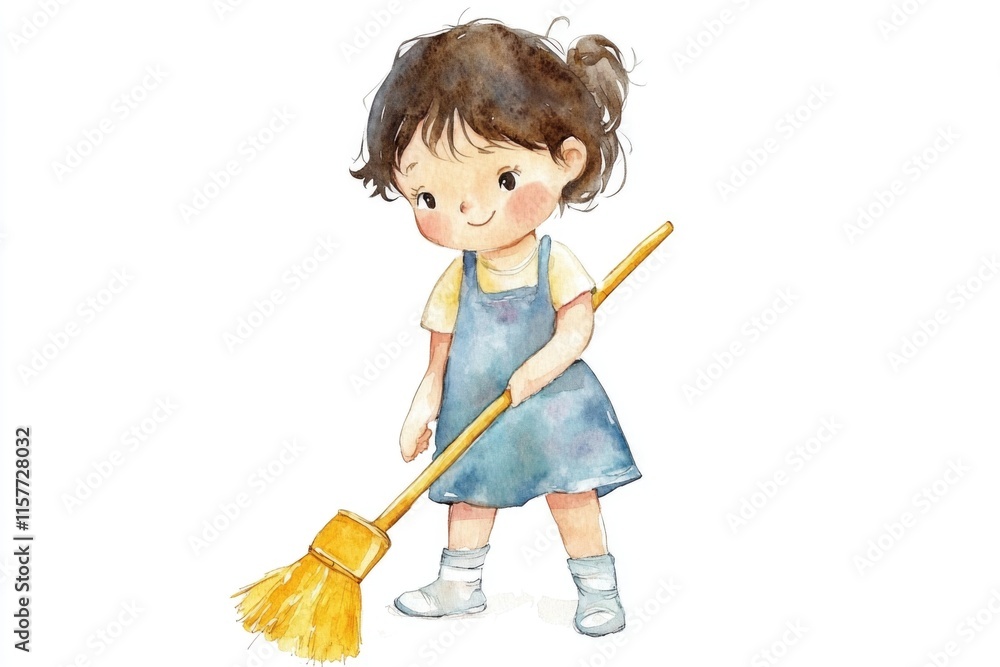 A young girl holds a broom, likely for cleaning or play A young girl holds a broom, likely for cleaning or play