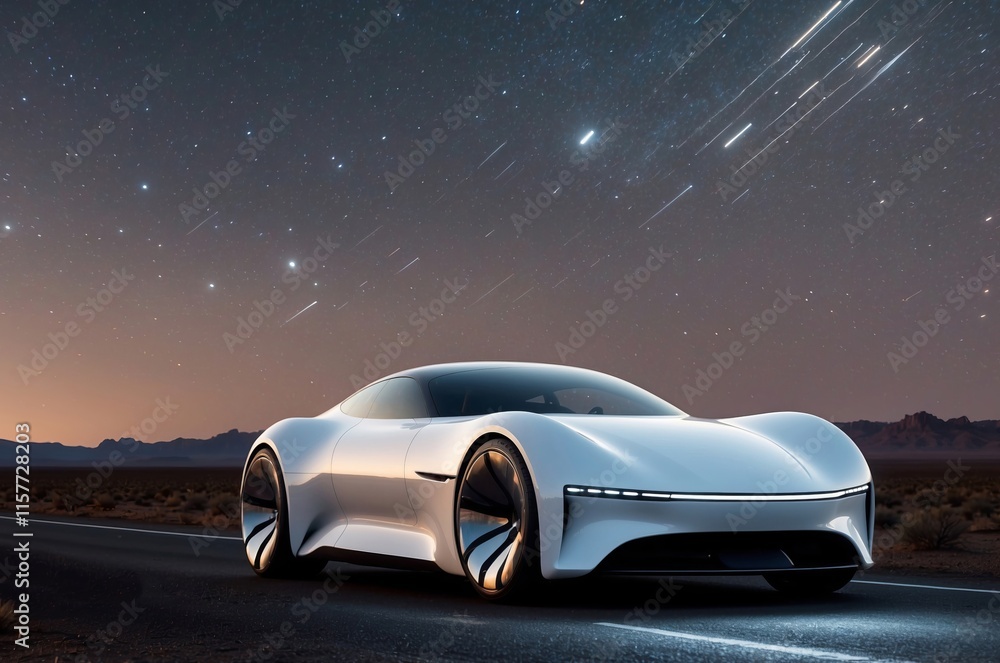 Naklejka premium Futuristic electric car parked on desert road under starry night sky